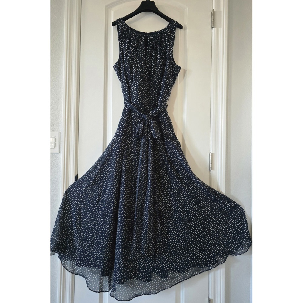 Stephanie Charles Navy Cream Polka Dot Sleeveless  Dress Lined Tie Waist Size 16